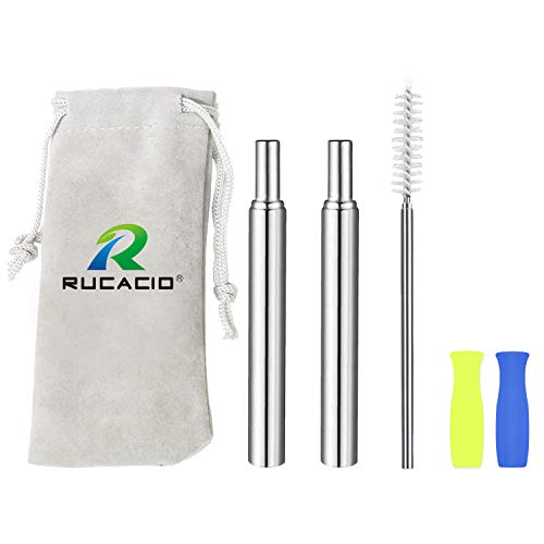 Reusabel Telescopic Straws Stainless Steel Straw-RUCACIO Portable Drinking Straws with Cleaning Brush and Pouch for Travel and Home 2 Silicon Tips Cover included,Gifts for Friends(2 telescopic straws)