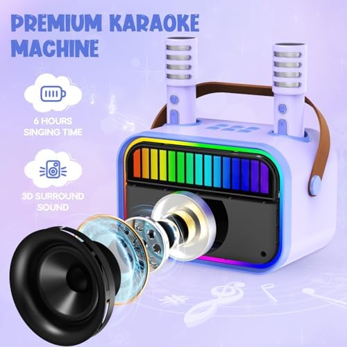 Karaoke para Niños y Adultos, Juguetes para Niñas de 3 a 12 Años, Regalos de Cumpleaños, Altavoz Bluetooth Portátil con 2 Micrófonos, Regalos para Niñas, Fiestas Infantiles, Navidad (Morado)