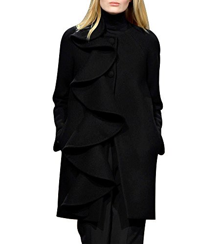 Hego Women's 2016 Winter New Single Breasted Ruffles Slim Black Wool Coat H2914 (XL, Black)