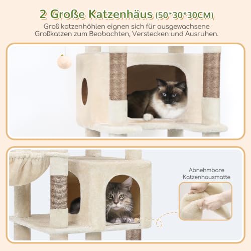 Globlazer Cat Scratching Post Beige XXL 188 cm with 2 Extra Large Cat Houses 50 x 30 x 30 cm, Enlarge Platform Padded, 2 Cat Baskets, Sturdy Cat Tree Corner Tilt-Proof for Large Cats, Heavy (S74, Beige)