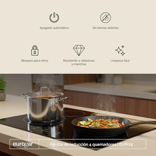EUROGAR Parrilla eléctrica de inducción 4 zonas de calentamiento 220V, Potencia 7000W, Panel táctil con 9 y 8 niveles de temperatura, Temporizador, Bloqueo para niños, Luz LED | EUPIV4