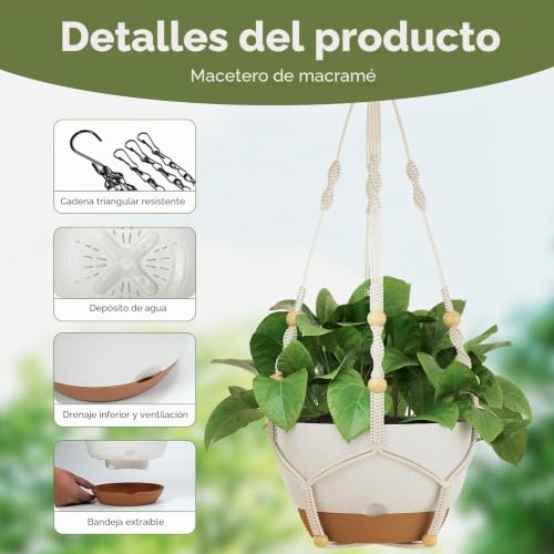 Bamworld Set of 3 Macrame Hanging Planters with Self-Watering, Plant Pot Holder and Balcony Planters 28/23/20 cm with Chains, White