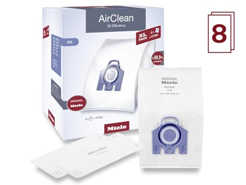 Miele Original AirClean 3D Efficiency GN Vacuum Cleaner Bags for Miele Complete C2/C3, Classic C1, and S8/S5/S2 Models, Filters More Than 99.9% of Dust, XL Pack of 8 – 10455150