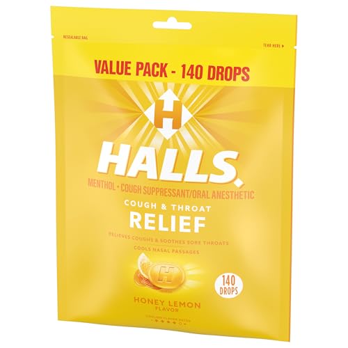 HALLS COUGH AND THROAT RELIEF HONEY LEMON COUGH DROPS, BULK PACK, 140 DROPS
