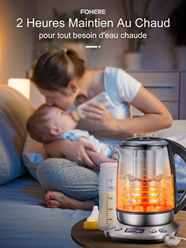 FOHERE Electric Glass Kettle, Adjustable Temperature Electric Teapot, 2200 W, 120 Mins Warm Function, Removable Tea Infuser 1.7 L