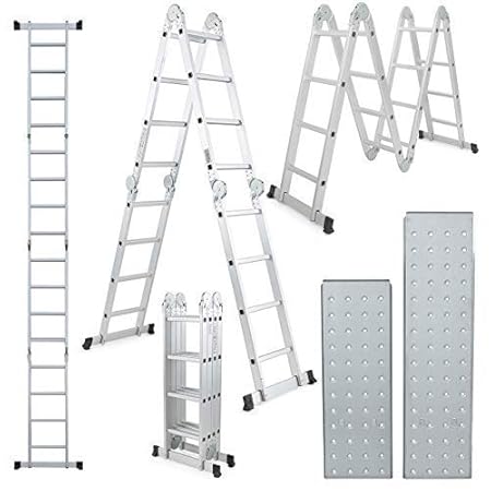 Champion Ladders Aluminium Multipurpose 4 x 3 Combination Ladder, 370 cm (12.15 Ft) with Top Plates & Working Shelf