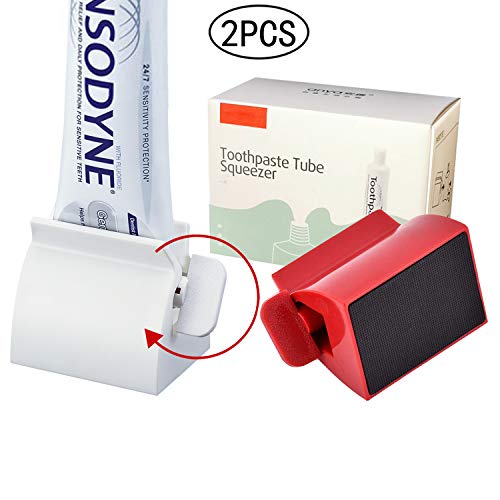 ONDY 2PCS Rolling Tube Toothpaste Squeezer,Heavy-Duty Toothpaste Dispenser with Rubber Pad Multi-Function Squeezer for Cleansing Foam,Hair Gel,Cosmetic Samples,Ointments (Red and White)