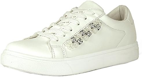Refresh Footwear Women's Round Toe Faux Pearl Crystal Lace-Up Flatform Sneaker (8.5 B(M) US, White)