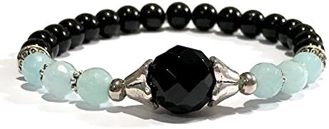 Handmade Black Onyx, Aqua Dyed Snow Quartz and Black Tourmaline Stretch Healing Bracelet Wrist Size 6 to 7