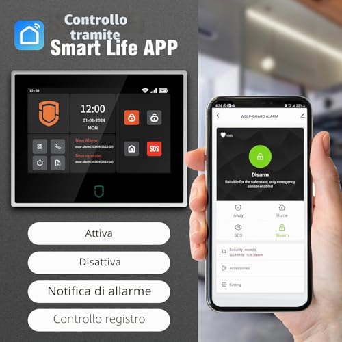 Wolf Guard Home Home Alarm with 7 Inch Touch Screen, 4G Smart Security System + WiFi App Tuya with Outdoor Solar Siren 110dB, Motion Detector (WT4F-W06)