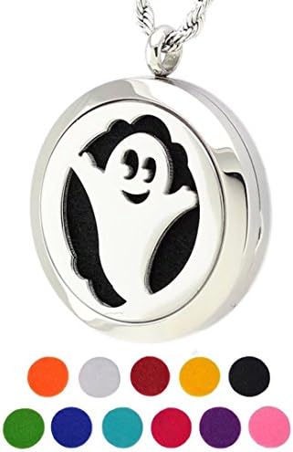 DIB Stainless Steel Aromatherapy Essential Oil Diffuser Halloween Ghost 30mm Pendant Necklace, 11 Refill Pads