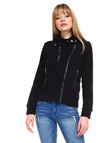 Melody Women Slim fit Fleece Zip up Asymmetrical Fashion Hoodie Moto Jacket with Zippered Pockets (Black, x-Large)