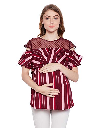 Women's Polyester Cap Sleeves Maternity Striped Top (Maroon)