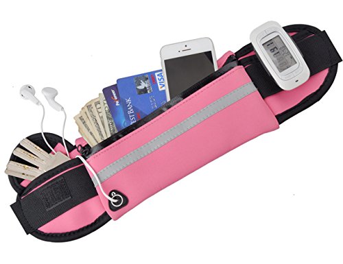 Springk Water Resistant Running Belt with Headphone Port, Unisex Reflective Fitness Workout Fanny Pack Waist Pack, Adjustable Waistband Running Pouch Fit iPhone 6/6s Plus for Cycling Walking(Pink) ¡­