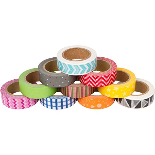 DIY Crew Washi Tape, Pack of 10. Colorful Decorative Paper Tape Set with Geometric Pattern Designs Cute Colored Collection