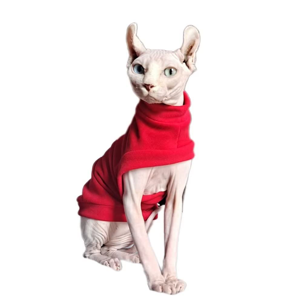 Hairless Cats Winter Clothes Sweatshirt Sweater,Stretch Dralon Fleece Cold Weather Pullover,Breathable Warm Cat Wear Vest for Sphynx Cat, Devin, Konnis, Peterbald Red S