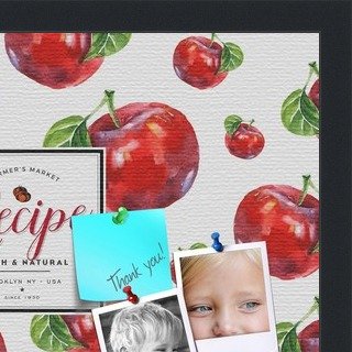 PinPix decorative pin cork bulletin board made from canvas, Recipe Board with Red Apples 18x12 Inches (Completed Size) and framed in Satin Black (PinPix-Group-36)