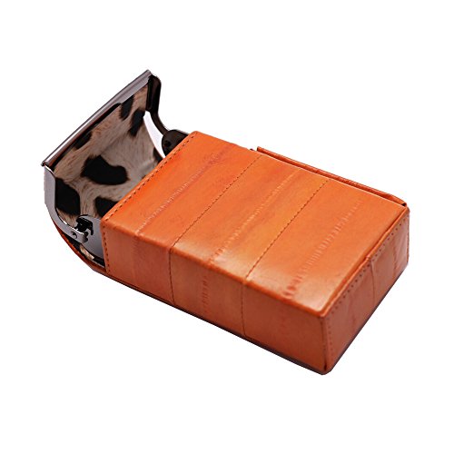 Automatic Rising Genuine Eel Skin Leather Sliding Cigarette Case with Lighter Holder (Orange)