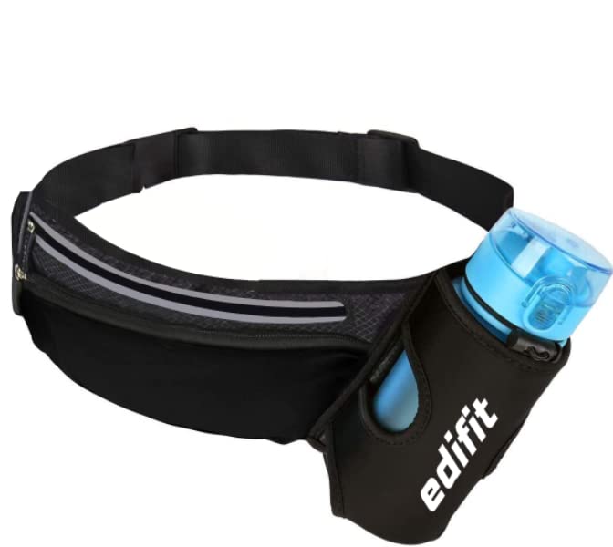 Edifit, Running Belt, Phone Holder, Water Bottle for Running, Men and Women, Running Waist Belt, Waterproof, with Zipper, Adjustable and Reflective Strap (Black)