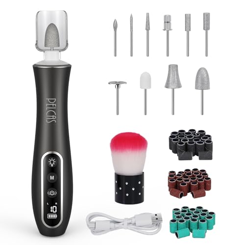 PELCAS Electric Nail File 10 Speeds Professional Cordless Electric Nail Drill with LCD Screen and LED Light, Portable Rechargeable Nail Files for Acrylic and Gel Nails, Pet, Thick Toenails