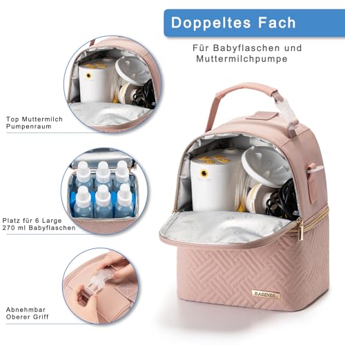 BABEYER Muttermilch-Kühltasche mit Kühlakku für 6 Babyflaschen bis 270 ml, Muttermilchpumpen-Kühltasche mit Schultergurt für stillende Mütter Kindertagesstätte, Arbeit, Reise-Rosa thumbnail 3
