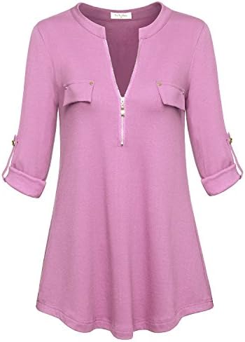 YaYa Bay Women's 3/4 Sleeve Blouse Zipper Henley Shirt Notch V Neck Tunic Tops to Leggings Casual Formal Top