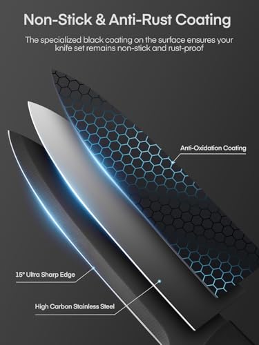 D.Perlla Professional Kitchen Knife Set with Sharpener 7 Pieces Stainless Steel Knives Chef Knife Ergonomic Handle, Black