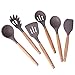 Mapthon Silicone Cooking Kitchen Utensils Set 6 PCS with Wooden Handle for Non-Sticker Cookware Heat-Resistant Kitchen Gadgets Serving Spoons, Slotted Turner, Spatula, Spaghetti Server(Grey)