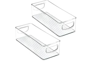 mDesign Small Plastic Office Storage Container Bins with Handles for Organization in Filing Cabinet, Closet Shelf, or Desk Drawers, Organizer for Notes, Pens, Pencils, Ligne Collection, 2 Pack - Clear