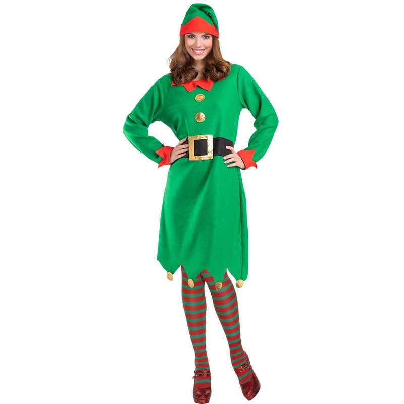 My Illusions Womens Elf Costume Dress Hat and Stockings Christmas Ladies Fancy Dress Adults Festive Costume Outfit (Green, UK 10-14)