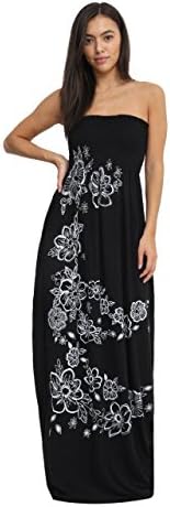 RZN Fashion Womens Ladies Sleeveless Chunky Floral Print Boobtube Bandeau Sheering Maxi Dress (Black, XXL)