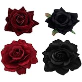 opdypcs 4 Pieces Rose Flower Hair Clips Fabric Hairpin Brooch Pins Mexican Flowers Floral Headpieces for Women Girl Bridal Halloween Mother's Day (Black+Dark Red)