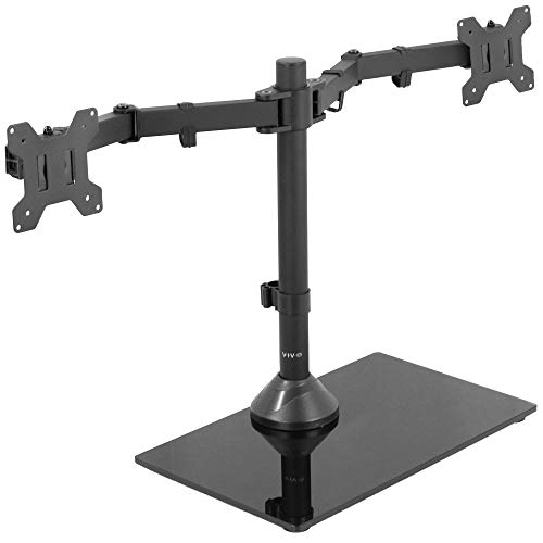 VIVO Freestanding Dual Monitor Stand Adjustable Arm Mount with Black Glass Base | Holds 2 Screens up to 27 inch, 22 lbs Each (STAND-V002FG)