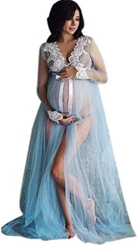 Maternity-Dress for Photoshoot Long Sleeve Lace Gown Split Front Maxi Pregnancy Photography-Dress