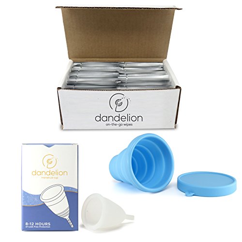 Dandelion Cup Menstrual Cup Starter Kit - Contains 48 Menstrual Cup Wipes, Dandelion Menstrual Cup Size 1 - Lily, and Blue Washing Container