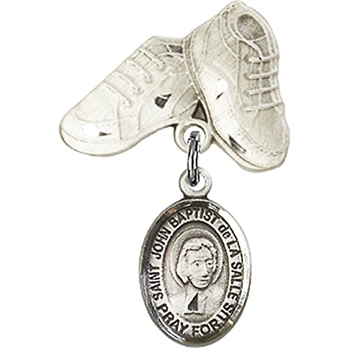 Sterling Silver Baby Badge with St. John Baptist de la Salle Charm and Baby Boots Pin 1 X 5/8 inches