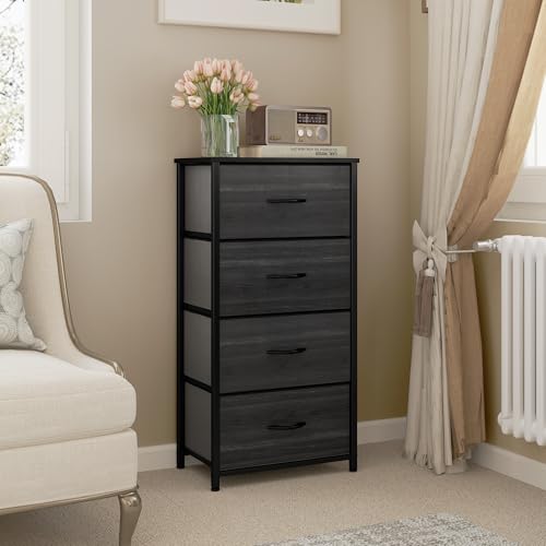 YITAHOME 4 Drawer Fabric Chest of Drawers Bedroom Storage Cabinet, Metal Frame, for Bedroom, Living Room, Black Wood Grain