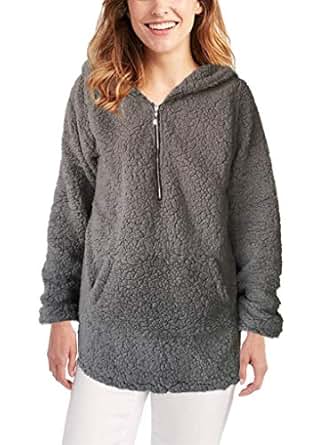 THOUSMOON Women Sherpa Hoodie Quarter Zip Fuzzy Fleece Pullover Jacket Sweatshirt Oversized with 