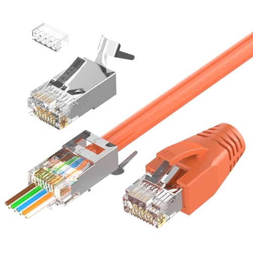 VCELINK CAT6A Connector, RJ45 Connectors Pass Through CAT6A CAT7 Shielded, UL-Listed 3-Prong Gold Plated, CAT7 Connector with Strain Relief Boots (RJ45 Connector-Transparent, Orange, 30-Pack)