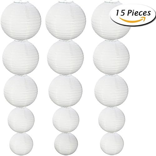 Hottly White Round Paper Lanterns - 15 Pack White Paper Lanterns Set with Assorted Sizes for Wedding Party Decorations