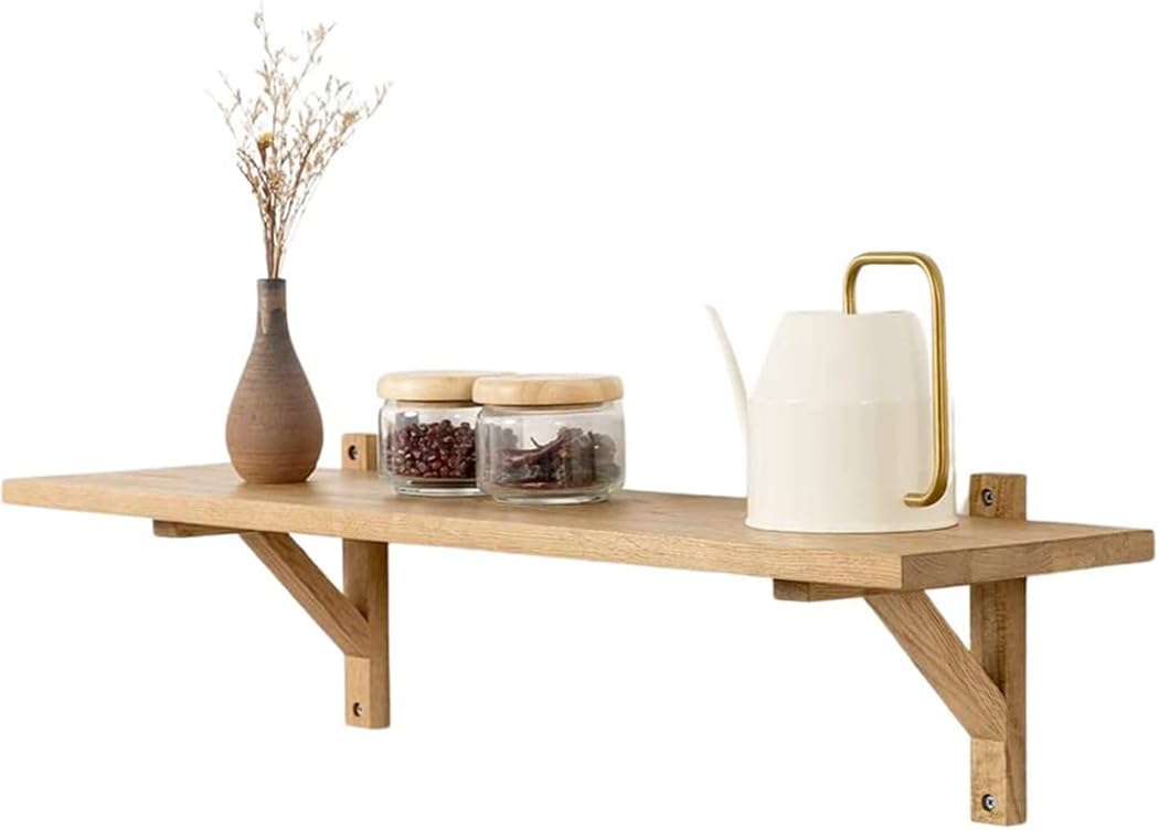 Gieanoo Oak Floating Shelves, Solid Oak wood Wall Shelf Rustic Display Shelf with 2 Triangle Brackets for Bedroom Kitchen Office Farmhouse Storage