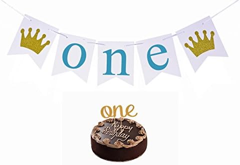 First Birthday Celebration Set for Baby Boy Banner and and Cake Topper ONE Year Party Decorations Flag My 1st Birthday Paper Garland Bunting Party Supply (Blue)