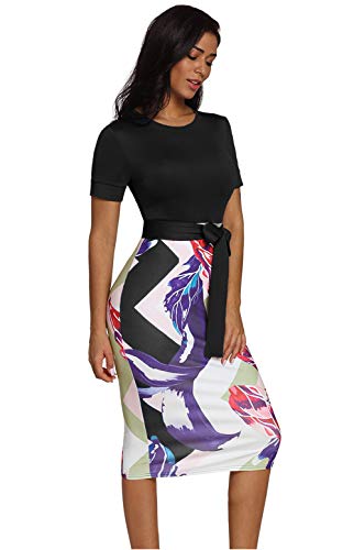 HUUSA Womens Black Party Pencil Wedding Dresses Work Casual Office Midi Dresses Oneck Patchwork Knee Length Dress XL Black