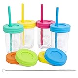 Elk and Friends Kids Cups/Toddler Cups with Straw - Glass Mason Jars 8 oz with Straw Lids & Leak proof lids + Silicone Straws + Cleaning Brush - Spill Proof cups for kids, Sippy Cups for Toddlers