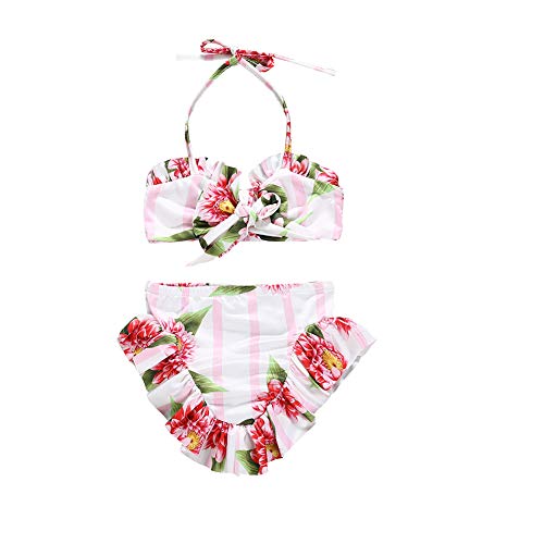 Kids Girls Bikini Set Summer Flower Print Bow Halter Tube Top+Ruffle Shorts Pants Beach Wear Swimsuit(Pink, 2-3T)