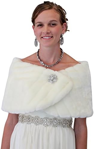 Tion Design Bridal Fur Wrap, Wedding Shawl One Size, Ivory Free Brooch