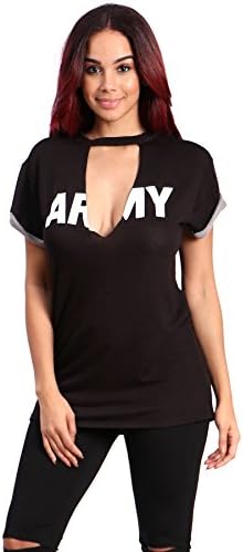 Women Army Printed Boxy Sweatshirt Deep V NeckTee (MEDIUM, BLACK)