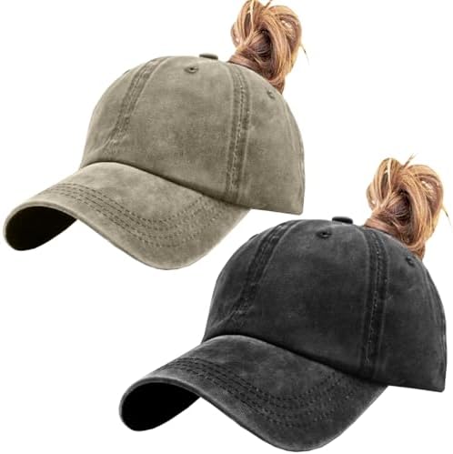 Women\'s Adjustable Golf Hat with Ponytail Hole - Trendy 100% Cotton Ball Cap HeyCaps Ponytail Hats for Women - Distressed Hat with  main image 3