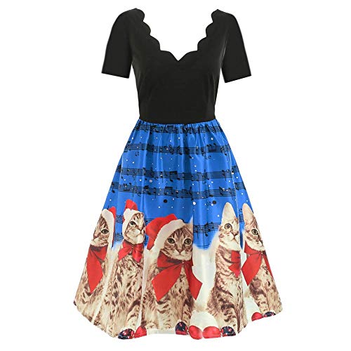 GREFER Christmas Costume, Women Vintage Flare Dress Long Sleeve Christmas Cats Musical Notes Print Dress