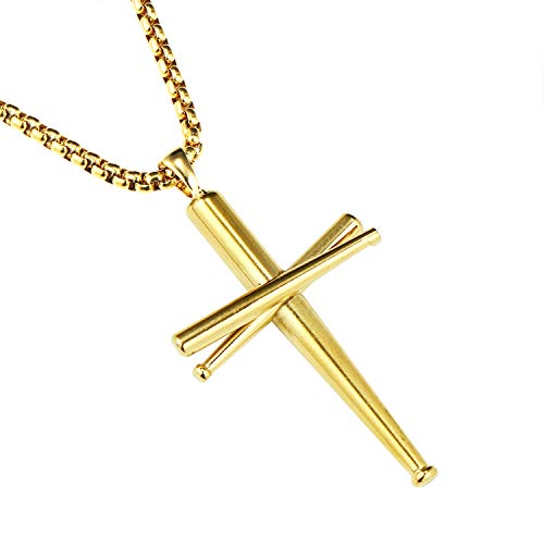 RMOYI - Collar con cruz de béisbol, murciélagos, atletas, con colgante de cruz, collares deportivos de acero inoxidable para hombres, mujeres, niños, niñas, grandes y pequeños, plateados, dorados, negros, de 18 a 24 pulgadas